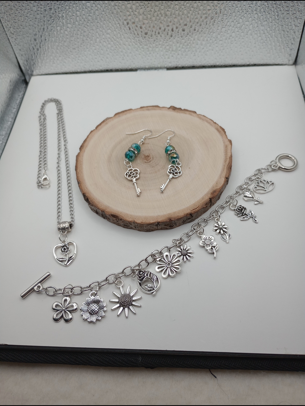 Silver Flower Charm Bracelet with Turquoise Key Earrings Set